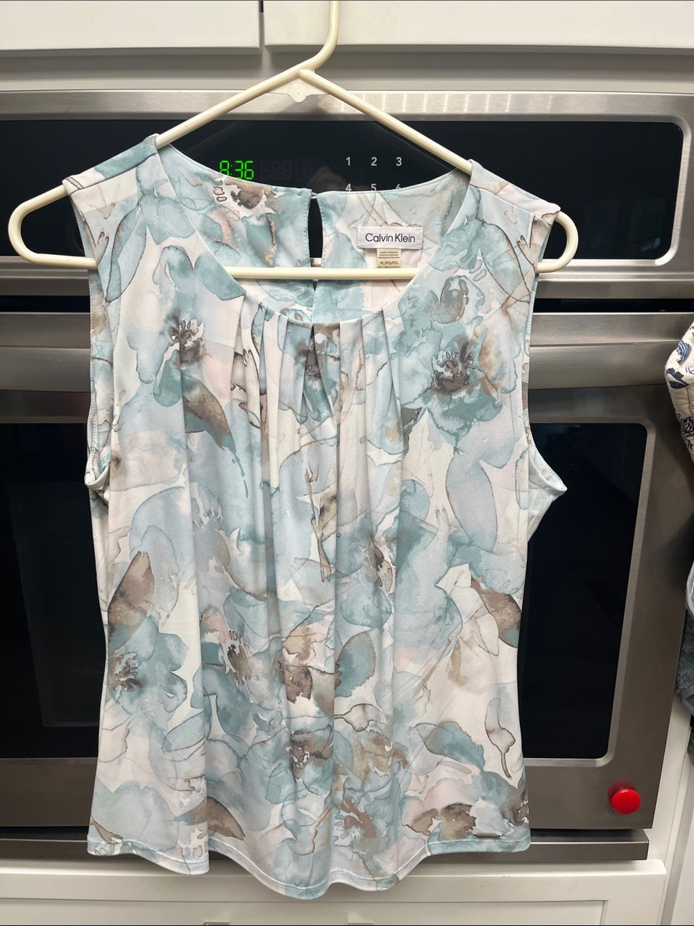 Calvin Klein Sleeveless Floral Pleat-Front Camisole in Light Blue and Taupe